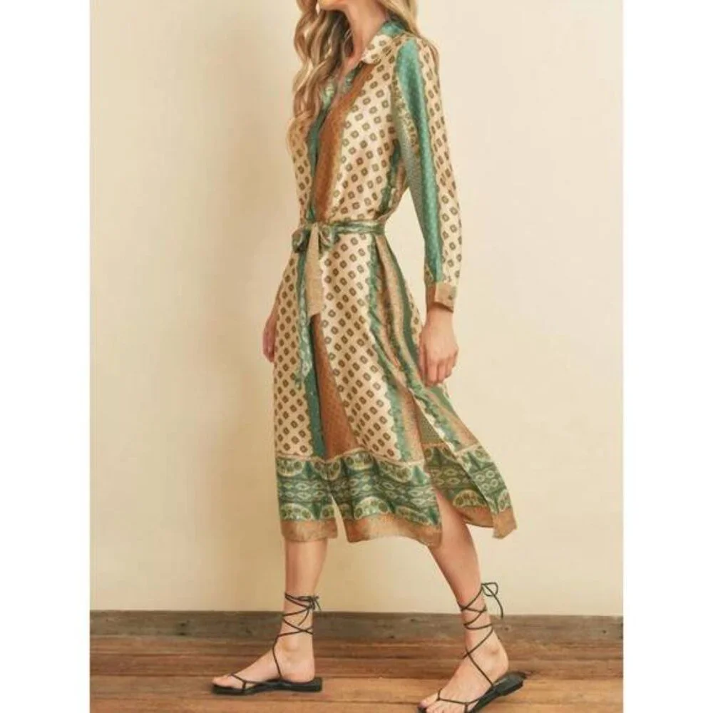 Dress Forum Sasha Border Print Satin Shirt Dress sz S - Picture 2 of 9